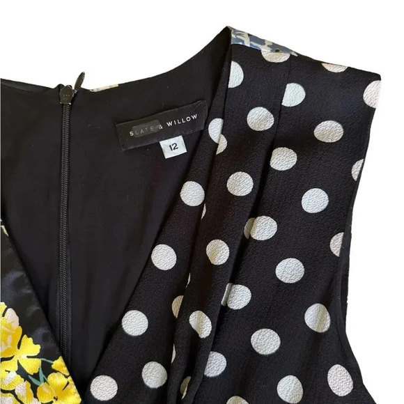 Slate & Willow Yellow Mixed-Media Floral Polka Dot Faux-Wrap Sheath V-neck 12 - Picture 8 of 16